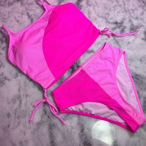 Hot pink drawstring ruched, crop top, high waisted bikini set bathing suit small